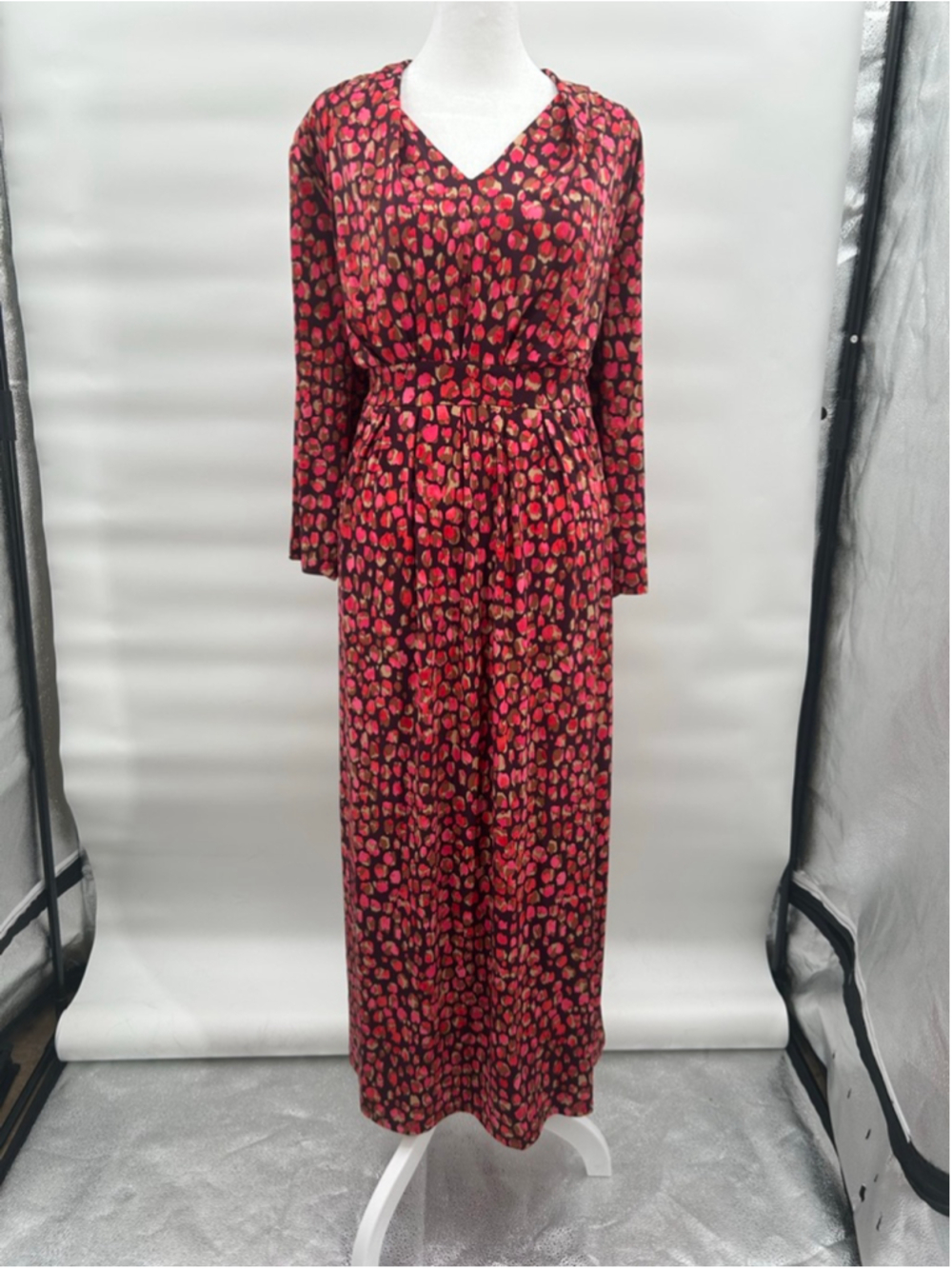 Chico's Knit Pleated Maxi Dress A-line Jersey Knit Red Maroon Print - Picture 3 of 4